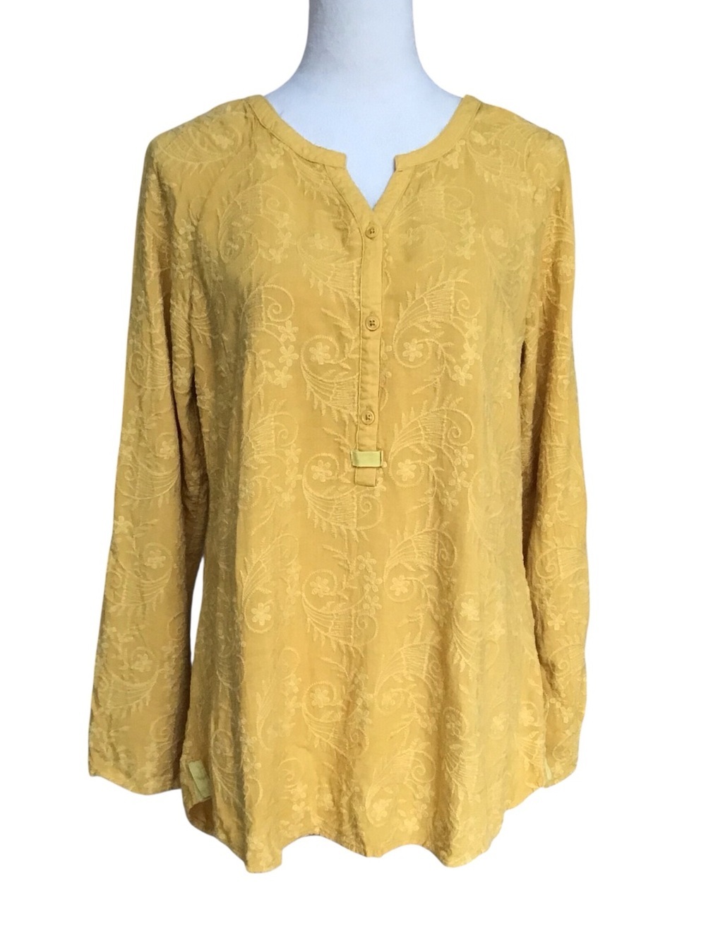 Go Fish Mustard Yellow Cotton Linen Embroidered Long Sleeve Tunic Boho M…